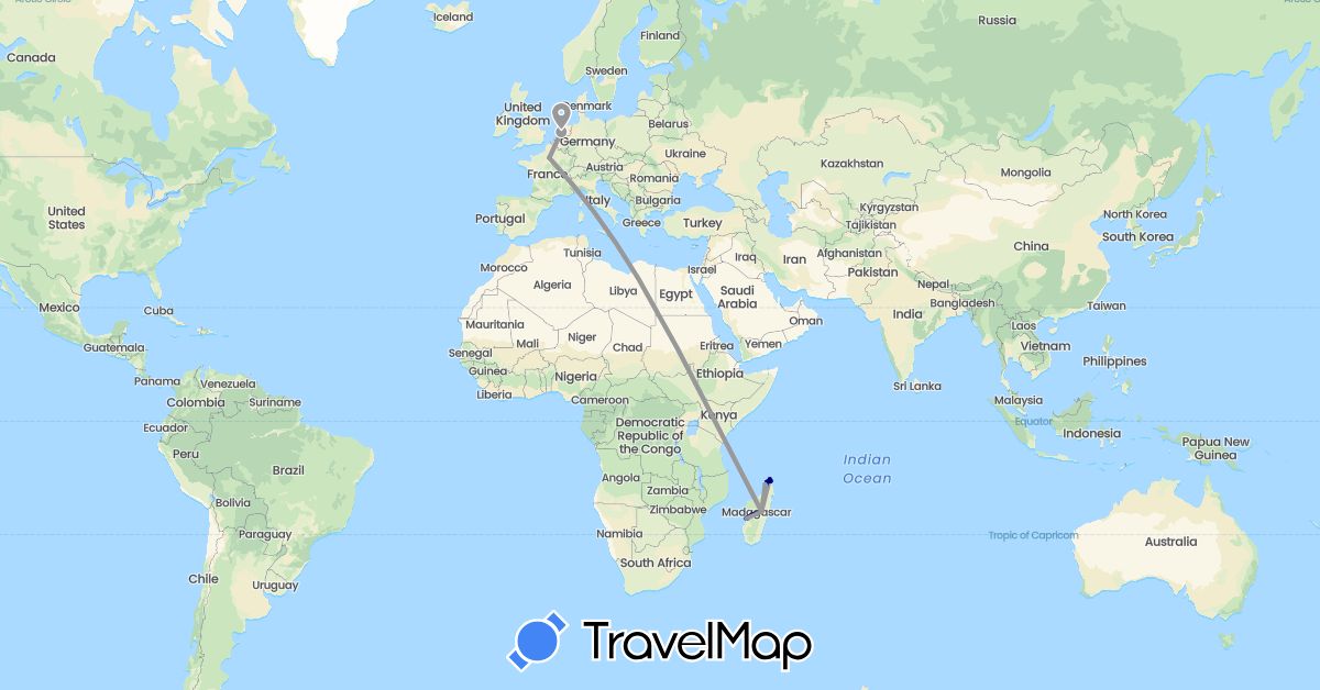 TravelMap itinerary: driving, plane, boat in France, Madagascar, Netherlands (Africa, Europe)